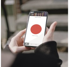 Person hält Smartphone mit Sicherheitsapp zur Haussteuerung in der Hand