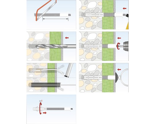 Instructions pour installer une cheville dans un mur avec une scie, une perceuse et une brosse