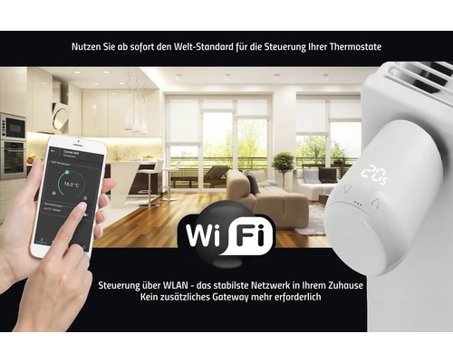 Szene mit Heizkörperthermostat, das mit Smartphone-App über WLAN gesteuert wird