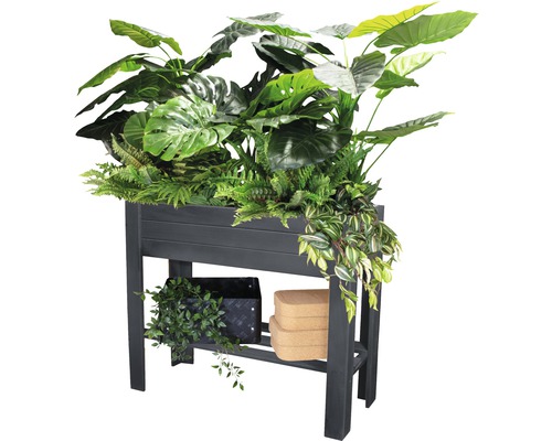 Jardinière surélevée avec espace de rangement et différentes plantes