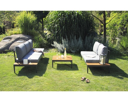 Ensemble de meubles de jardin avec canapés, table et accessoires sur une pelouse