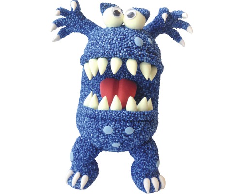Blaue Monsterfigur mit großen Zähnen und Augen