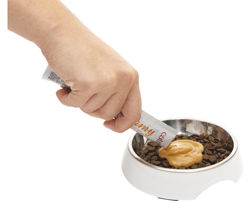 La main verse une friandise crémeuse pour chat dans une gamelle