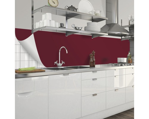 Scène de cuisine avec crédence rouge-brun derrière l''évier et le plan de travail