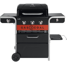 Barbecue à gaz avec trois brûleurs, récipient à charbon et surfaces de rangement.