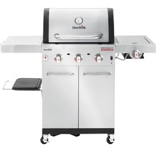 Barbecue à gaz Char Broil avec trois brûleurs, brûleur latéral et étagère latérale.