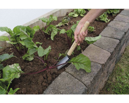 Eine Person arbeitet mit einer Pflanzkelle in einem Hochbeet mit Pflanzen.