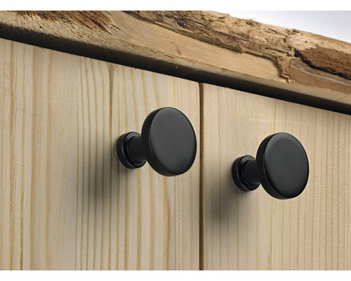Detailansicht eines Holzschranks mit zwei runden, schwarzen Möbelknöpfen.