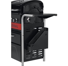 Vue détaillée d''un barbecue à charbon de bois avec étagère, ouvre-bouteille et récipient pour accessoires de barbecue.
