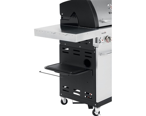 Detailansicht eines Gasgrills mit Seitenablage und Unterschrank