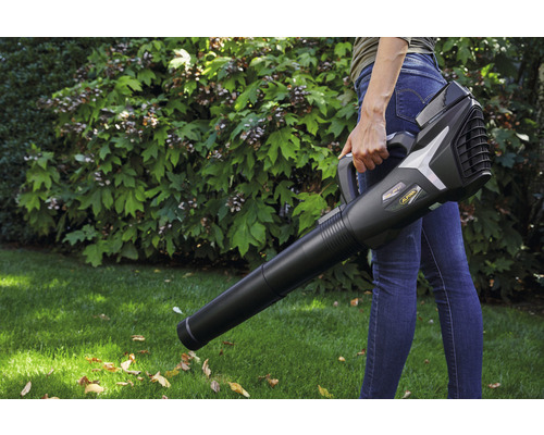 Eine Person hält einen Laubbläser im Garten.