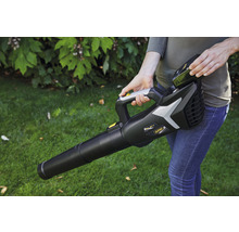 Eine Person hält einen Akku-Laubbläser der Marke Alpina in einem Garten.