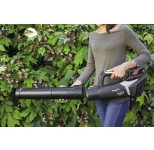 Frau montiert ein Akku-Blasgerät vor grünem Busch