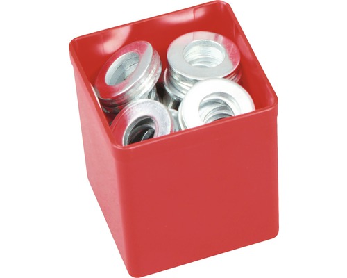 Unterlegscheiben in roter Kunststoffbox