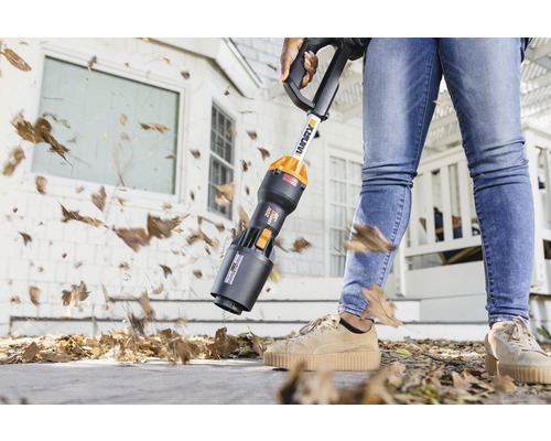 Une personne utilise un aspirateur à feuilles sans fil pour enlever les feuilles d''un trottoir.