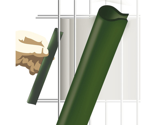 Illustration einer Hand, die eine grüne Sichtschutz-Rohrmatte an einem Zaun befestigt
