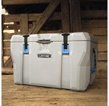 Graue Kühlbox mit schwarzem Verschluss und blauem Akzent, Fassungsvermögen 77 Liter