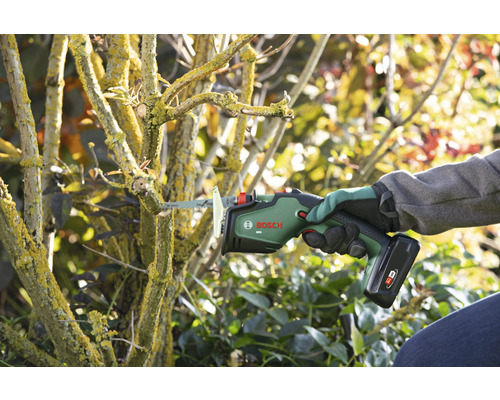 Une personne utilise une scie à jardin sans fil Bosch pour couper une branche.