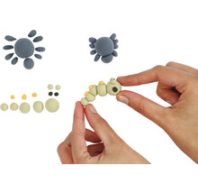 Illustration avec de la pâte à modeler : présentation des étapes de fabrication d’une chenille, avec en plus la présentation d’une araignée.