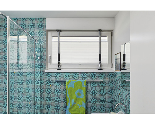 Badezimmer mit Dusche, Waschbecken, Fenster mit Plissee und Fensterstange