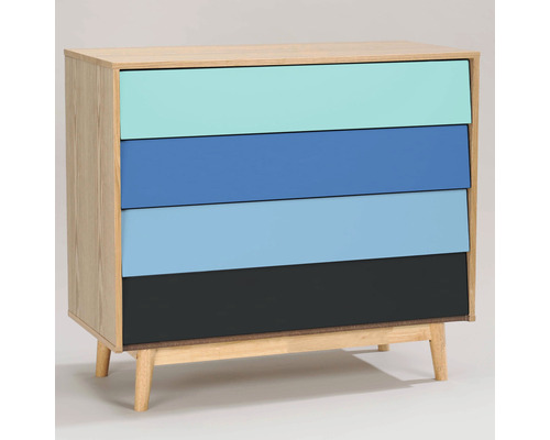 Kommode mit vier Schubladen in verschiedenen Blautönen und Holzstruktur