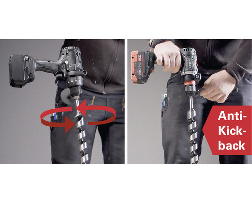 Darstellung der Anti-Kickback-Funktion einer Bohrmaschine mit Spiralbohrer