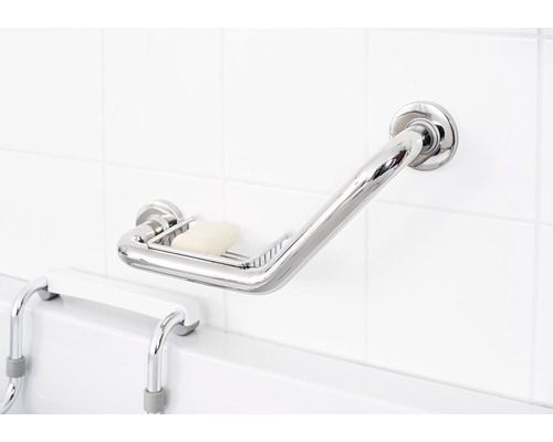 Winkel-Haltegriff mit Seifenkorb im Badezimmer