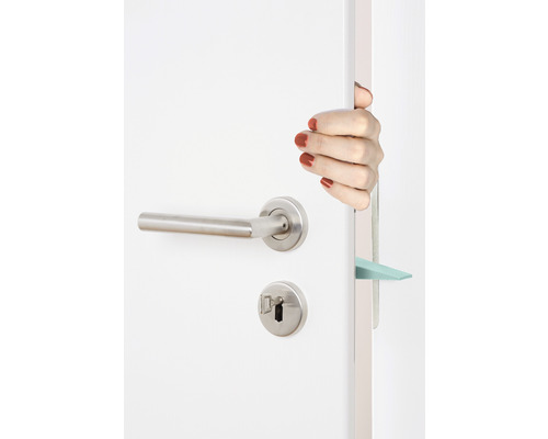 Tür mit Türgriff, Schloss und Türstopper