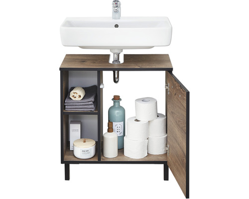 Meuble sous-lavabo avec lavabo, compartiment ouvert et papier toilette