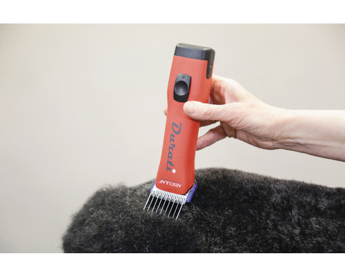 Tierhaarschneider Durati im Einsatz auf dunklem Fell.