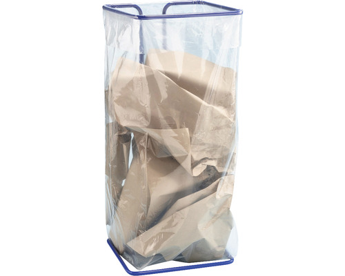 Collecteur de papier avec cadre bleu et sac transparent, rempli de papier