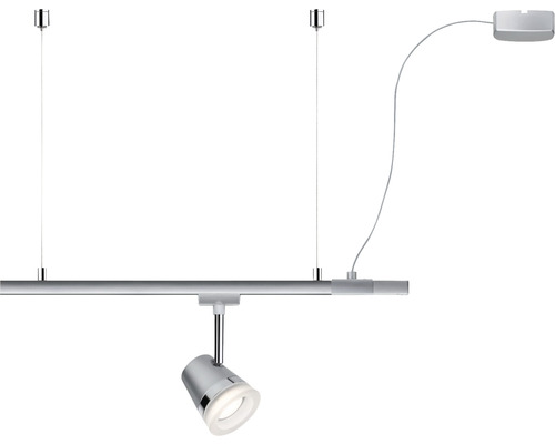 Luminaire sur rail argenté avec un spot et suspension