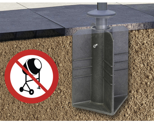 Vue détaillée d''une douille d''entraînement dans le sol avec un symbole interdisant l''utilisation d''une bétonnière