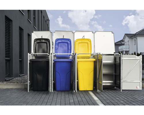 Mülltonnenbox mit Mülltonnen in verschiedenen Farben