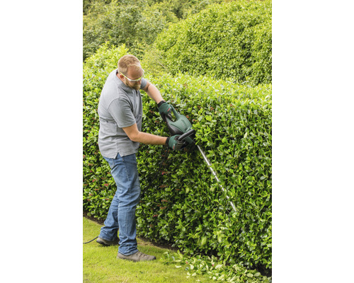 Ein Mann schneidet mit einer Heckenschere eine Hecke.