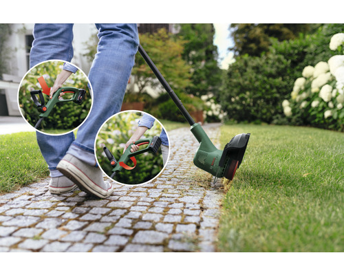 Akkugrastrimmer im Einsatz zur Rasenpflege im Garten.