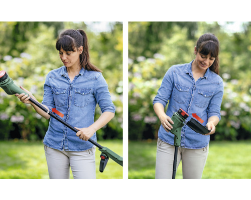 Eine Frau montiert einen Rasentrimmer im Garten.