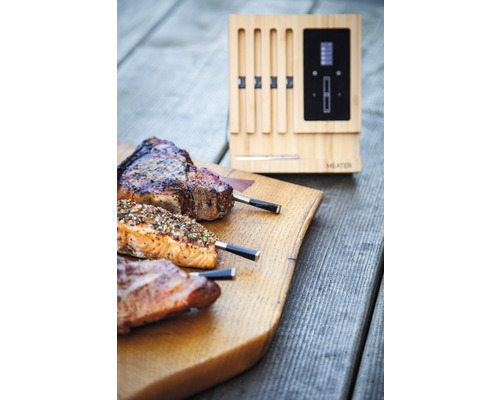 Fleisch und Fisch mit kabellosem Fleischthermometer auf Holzbrett