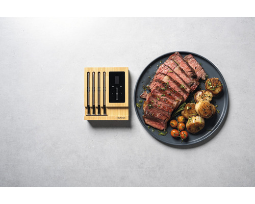 Kabelloses Fleischthermometer mit Steak, Kartoffeln und Tomaten auf einem Teller