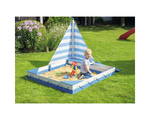 Bac à sable dobar Maritim avec voile 138,5 x 124 x 115,5 cm bois bleu blanc carré deux coffres à jouets pouvant être recouverts durable et résistant aux intempéries