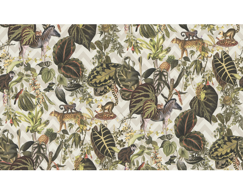 Papier peint avec motif de jungle, comprenant des zèbres, des léopards, des singes et des plantes tropicales