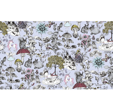Tapete mit Waldmotiven, darunter Eichhörnchen, Pilze, Einhörner und Blumen