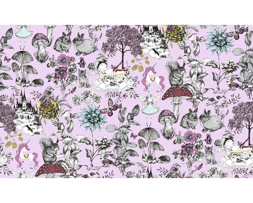 Illustration mit Märchenmotiven, darunter Tiere, Blumen, Schlösser und Fabelwesen