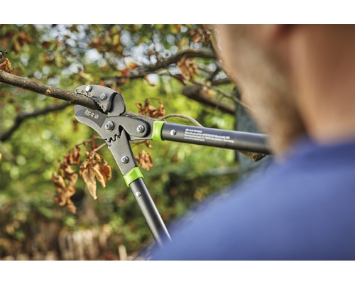 Eine Astschere im Einsatz beim Schneiden eines Astes.