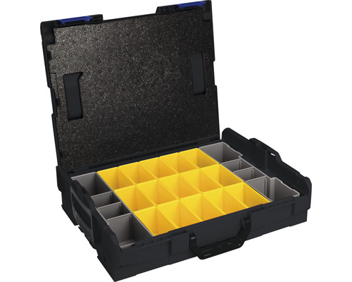 Boîte à outils ouverte avec compartiments de rangement