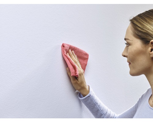 Eine Frau reinigt eine Wand mit einem Tuch.