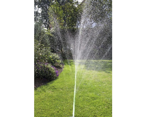 Rasensprenger bewässert Rasenfläche im Garten
