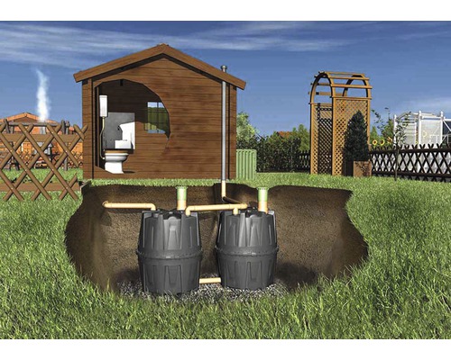 Scène de jardin avec station d''épuration et abri de jardin