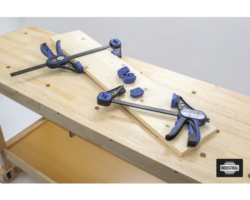 Werkbank mit zwei Einhandzwingen, Werkstück und Spannbacken