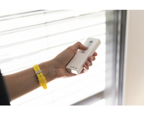 Hand hält Fernbedienung für Jalousien